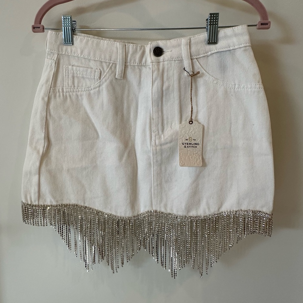White Denim & Rhinestones Skirt! Size Small. Sterling & Stitch - Picture 2 of 9